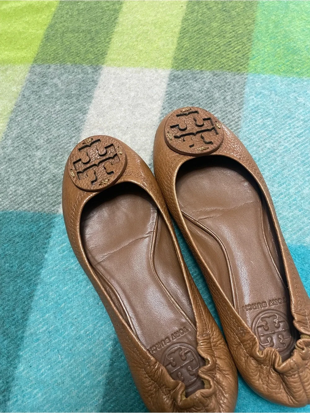 Tory Burch Reva Ballet Tan Pebbled Brown Leather Flats